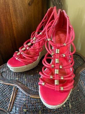 Isola Bright Pink Strappy Espadrille Wedge Sandals